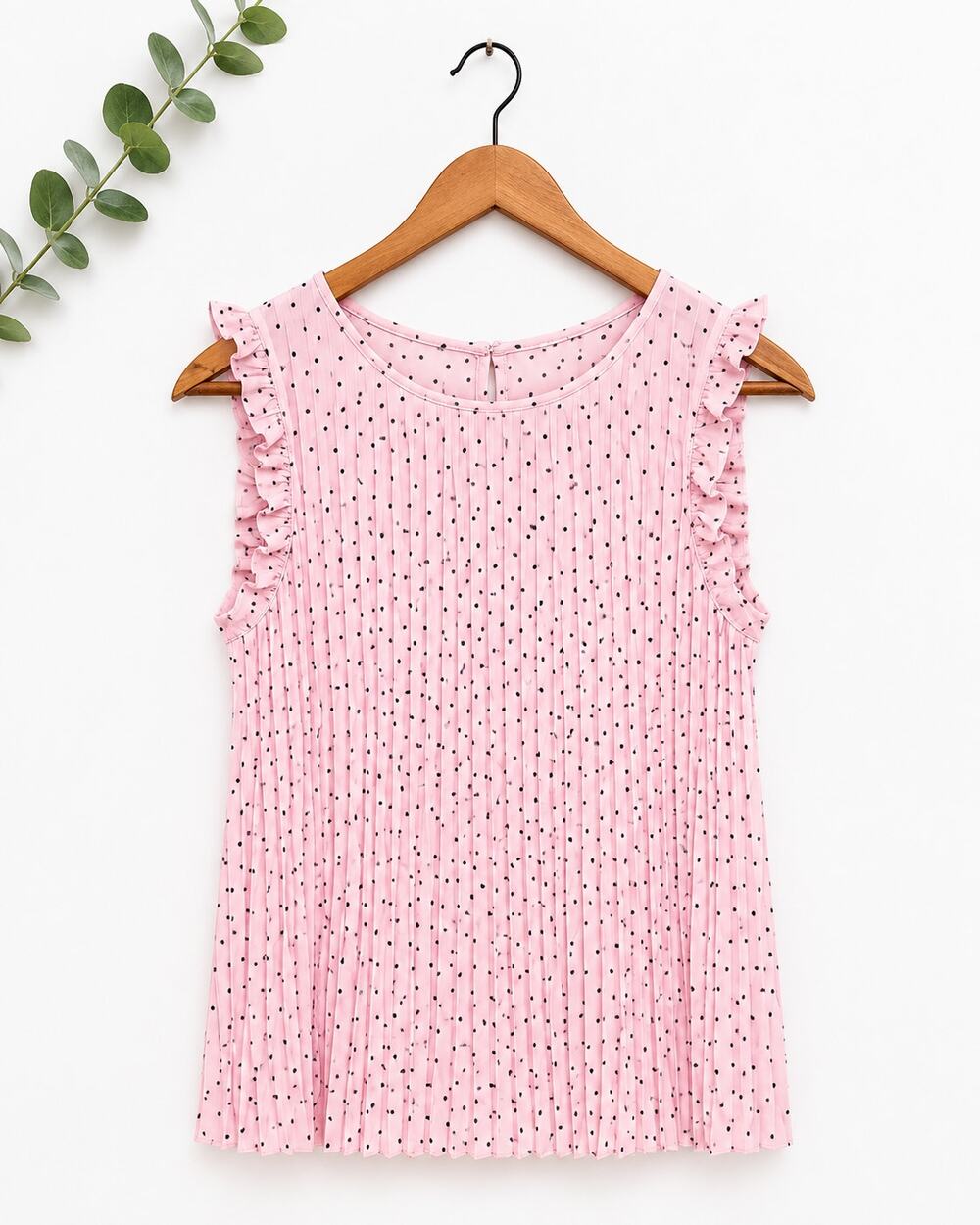 Pleated Polka Dot Pink Chiffon Womens Top Size S Ruffled Tank Feminine Romantic